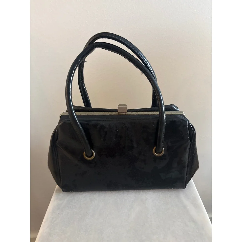Vintage Black Patent Faux Leather Top Handle Handbag Metal Frame Clasp Closure